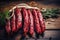 A bunch of smoked sausages in packaging on a wooden table. Appetizing homemade sausages. Wide selection of homemade farm meat