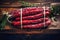 A bunch of smoked sausages in packaging on a wooden table. Appetizing homemade sausages. Wide selection of homemade farm meat