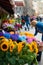 Bunch of sunflowers on the famous flower market at the Viru Gates in the Old Town of Tallinn, Estonia