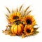 A bunch of sunflowers and a pumpkin on a table, autumn clip art.