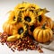 A bunch of sunflowers sitting next to a bunch of gourds, autumn clip art.
