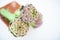 Bunch of three artichokes in basket on white background