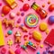 A bunch of toys that are on a pink surface. AI generative image.