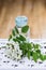 bunch of white flowers acacia near bottle of medicine. Collection of herbs in season. Branches of black locust, Robinia