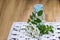 bunch of white flowers acacia near bottle of medicine. Collection of herbs in season. Branches of black locust, Robinia