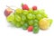 Bunch of white grapes, peach and plum