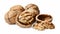 A bunch of whole and chopped walnuts. White isolated background.