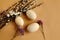 Bunch willow buds and flowers and wooden eggs on craft backgroun