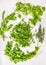 Bunches of Green herbs for salad : Lovage , borage eaves , garden cress,miner\'s lettuce