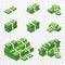 Bunches of money in cartoon 3d style. Set of different packs of dollar bills. Isometric green dollars