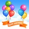Bunches of realistic colorful helium balloons and ribbon