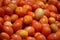 Bunches of ripe red tomatoes laying in a fruit box ready for sale at farmers market. Tomato with tails background. Closeup shot of