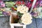 Bunches of white roses against colored background in Paris market