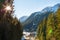 Bunderishka polyana, ski station, cable car lift, Bansko, Bulgaria, pine trees, sun between trunks