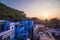 Bundi cityscape at sunset. The majestic city palace on Lake Pichola, travel destination in Rajasthan, India