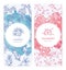Bundle of banner templates with juniper and cranberries drawn with contour lines on pink and blue backgrounds. Set of