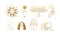 Bundle of boho logos in gold. Vintage esoteric elements for astrology, dragonfly, moon and sun, face, female hands. Vector line