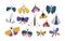 Bundle of bright colored cartoon moths isolated on white background. Set of exotic nocturnal flying insects with