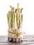 Bundle of cultivated white asparagus on wooden board. White background