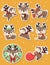 Bundle of cute new year deer stickers in different poses with holly, santa hat, xmas wreath and gifts in doodle cartoon style