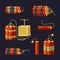 Bundle of explosives set. Red sticks of dynamite with timer prepared bomb with hand detonators burning cable of