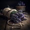 a bundle of fragrant lavender tied together on wooden back drop