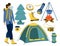 Bundle hiking. A man with a backpack is going on a hike, a campfire, a tent, a flashlight, a compass, a camera, a