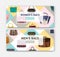 Bundle of horizontal web banner templates with men`s and women`s bags and handbags. Bright colored flat vector