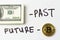 Bundle of hundred dollar bills and inscription - past, gold coin of crypto currency Bitcoin and inscription - future