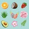 bundle of nine tropical fruits and plants set icons in blue background