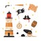 Bundle of pirate items. Lighthouse, flag, hat, spyglass, map. Piracy collection isolated on white background. Childish