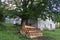 A bundle of planks under the old beech tree and the old stone house