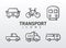 bundle of six conveyance transport line style set icons and lettering