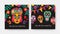 Bundle of square cards with Dia De Los Muertos inscription, Mexican calaveras or sugar skulls, Catrina`s face on black