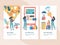 Bundle of vertical web banner templates with stages of online shopping - choice, payment, delivery. Set of scenes with