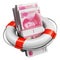 Bundles of 100 Chinese yuan money banknotes in lifesaver buoy