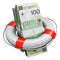 Bundles of 100 Polish zloty money banknotes in lifesaver buoy