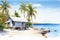 Bungalow or beach hut on tropical island, summer shack, wooden house on piles with terrace, palm trees and ocean landscape. Wooden