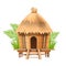 Bungalow hut, straw village African thatched nipa house, vector bamboo beach tent building roof.