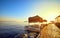 Bungalow on the sea at sunset. Wooden pavilions on the shore of a sandy beach - Bodrum, Turkey