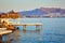 Bungalow on the sea at sunset. Wooden pavilions on the shore of a sandy beach - Bodrum, Turkey