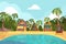 Bungalow seaside. Summer beach with tropical little house ocean hotel paradise vector background