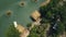 Bungalows and boats among exotic palms and trees on river bank Aerial view. Tropical landscape with flying drones houses