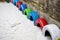 A bunker decorated with colorful tires