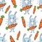 Bunnies cartoon seamless pattern, hand drawing, vector background. Funny painted rabbit with a carrot in the paws on a white backd