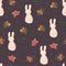 Bunnies and flowers seamless pattern. Hand drawn repeating background with backside rabbits between green grass, flowers