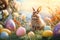 Bunny Bliss Oasis: Adorable Easter Rabbit Enjoying a Scenic Abundance of Vibrant Eggs. Generative AI
