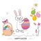 Bunny carrying an easter egg. Colorful Happy Easter greeting card with cute bunny