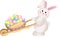 Bunny carrying wheel barrow full with carrots Easter eggs
