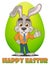 Bunny cartoon character. Happy Easter greeting card. Cute rabbit showing thumb up, green egg on background.